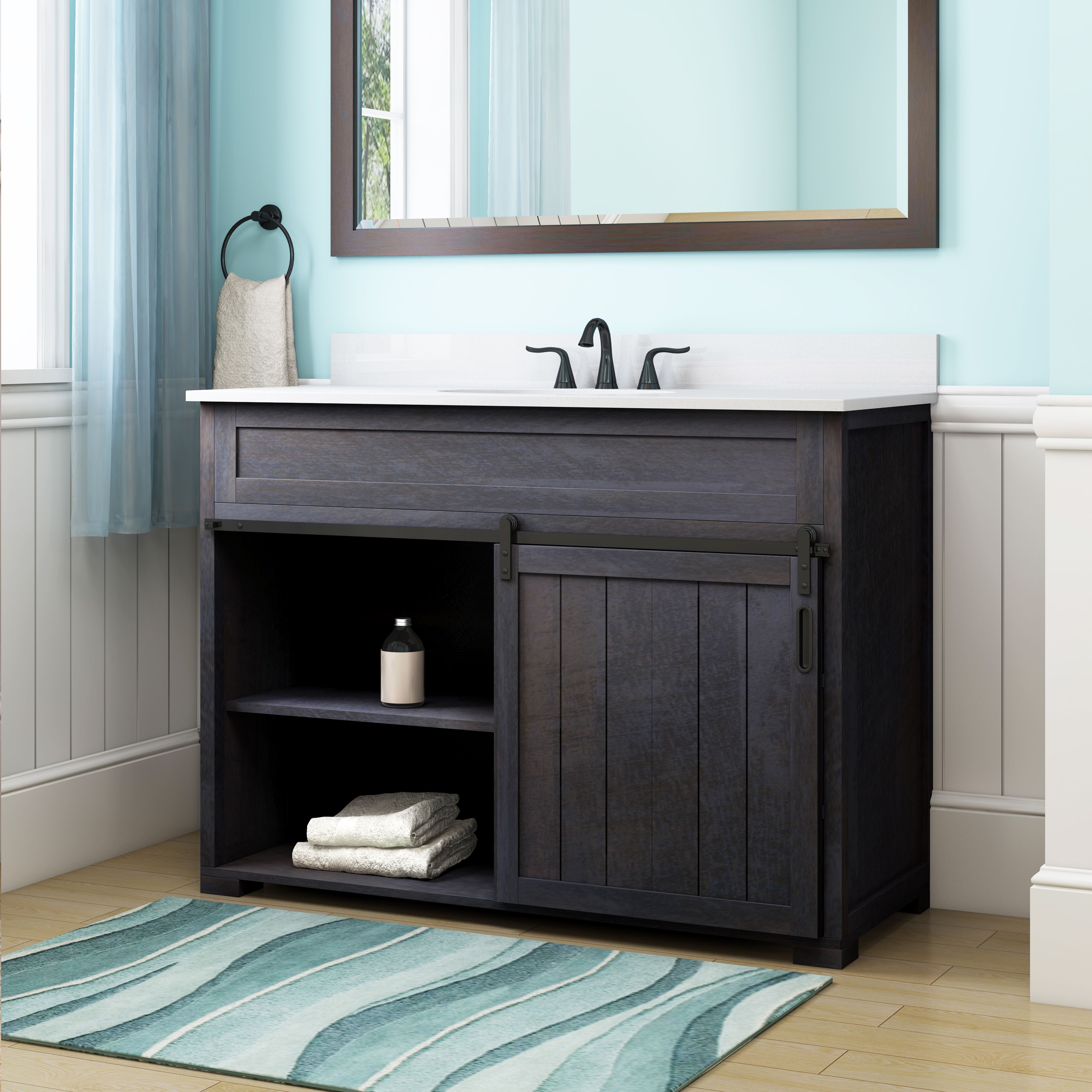 Style Selections Morriston 48 In Distressed Java Single Sink Barn Style Sliding Soft Close Cabinet Door
