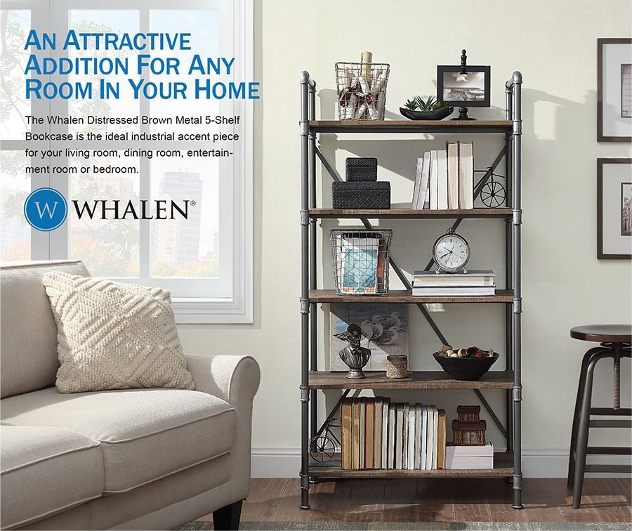 Whalen Distressed Brown Metal 5 Shelf Bookcase At Lowes Com