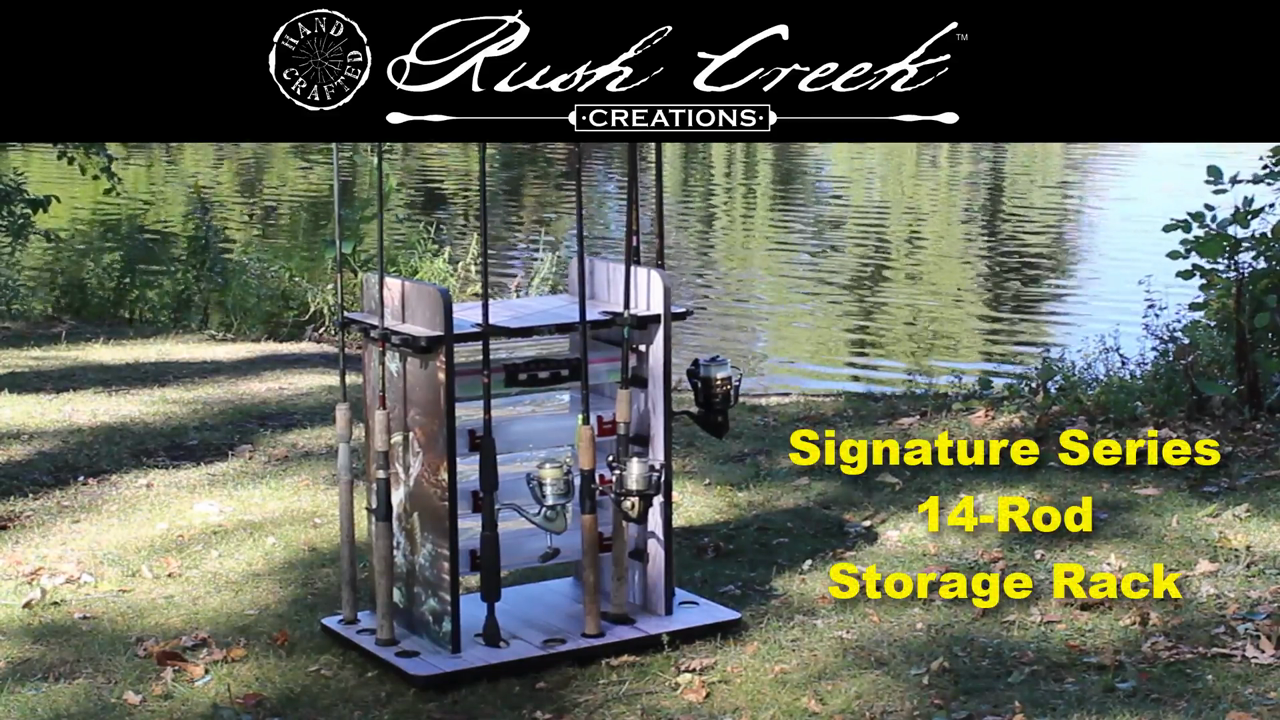 thumbnail video image 2 of Rush Creek Creations 14 Fishing Rod Rack with 4 Utility Box Storage Capacity & Dual Rod Clips - Features a Sleek Design & Wire Racking System, 2 of 8
