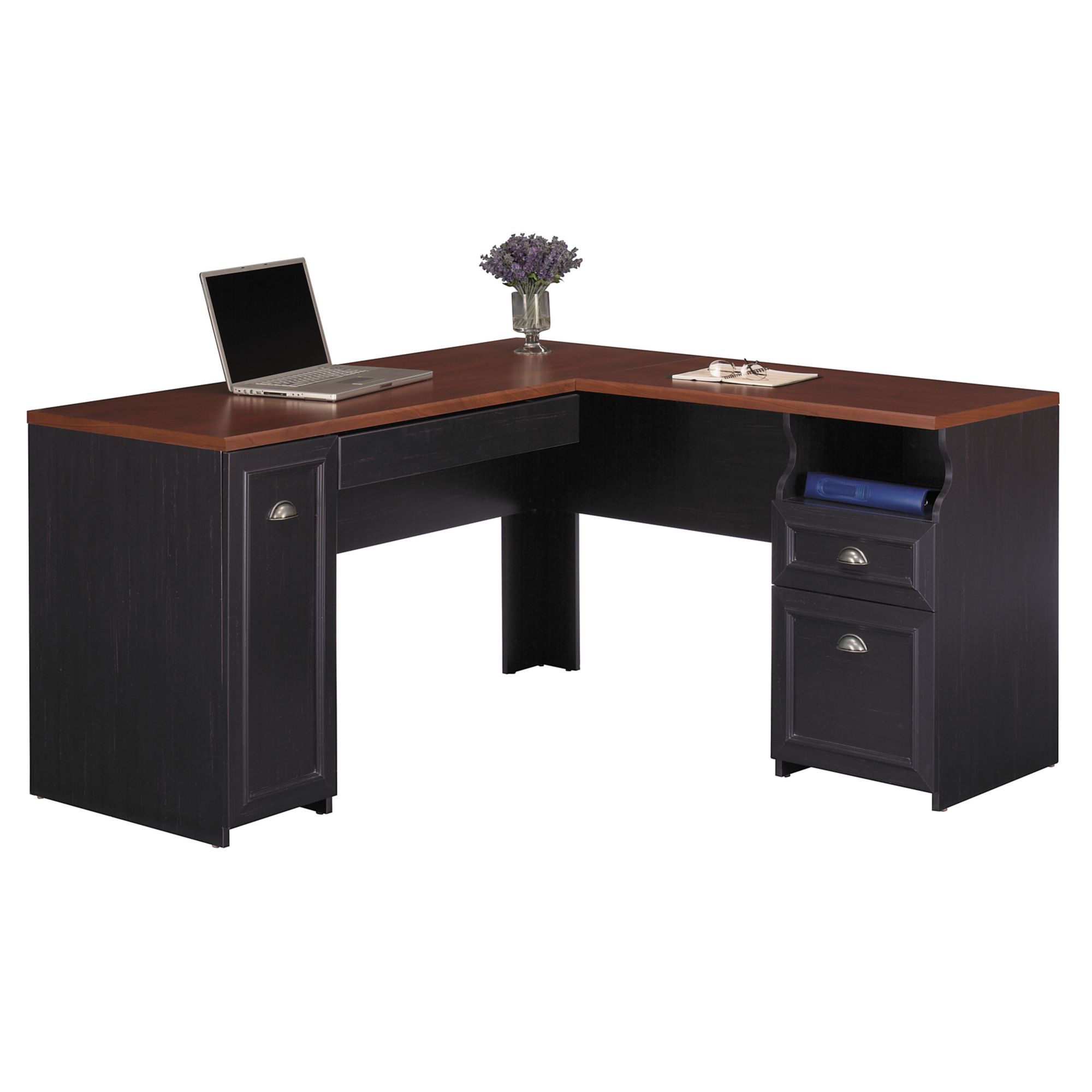 Bush Furniture Fairview L Shaped Desk Antique Black Hansen Cherry Wc53930 03k
