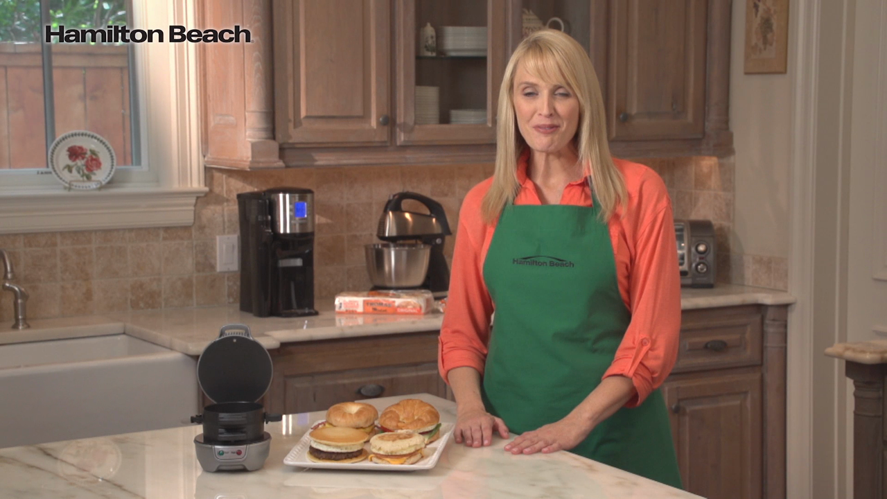 thumbnail video image 3 of Hamilton Beach Breakfast Sandwich Maker with Egg Cooker Ring, Breakfast Station, Silver, 3 of 11