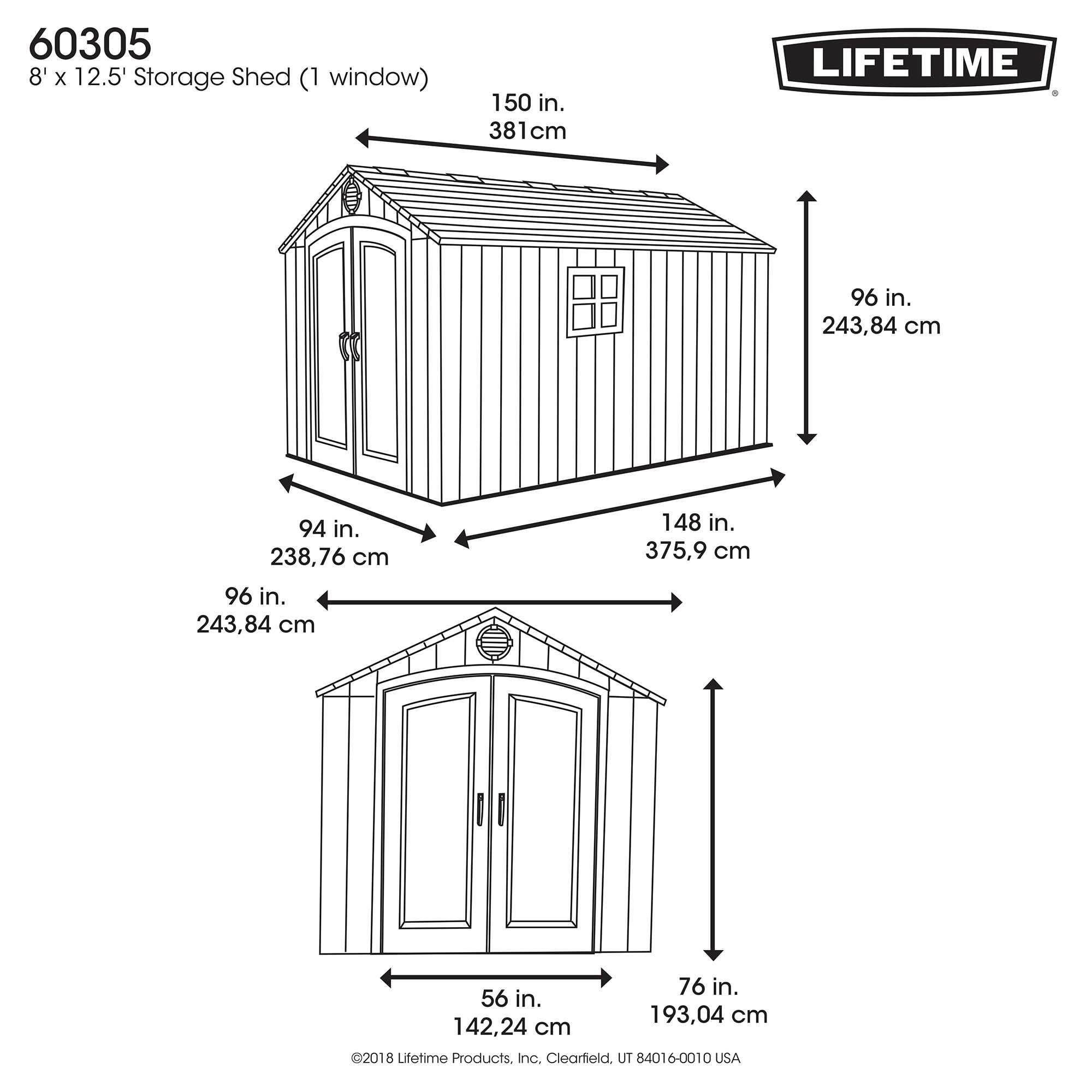 Lifetime Products 8 X 12 5 Resin Outdoor Storage Shed Info Graphic Showing A Line Drawing Of The Shed Dimensions From Both Front And Side