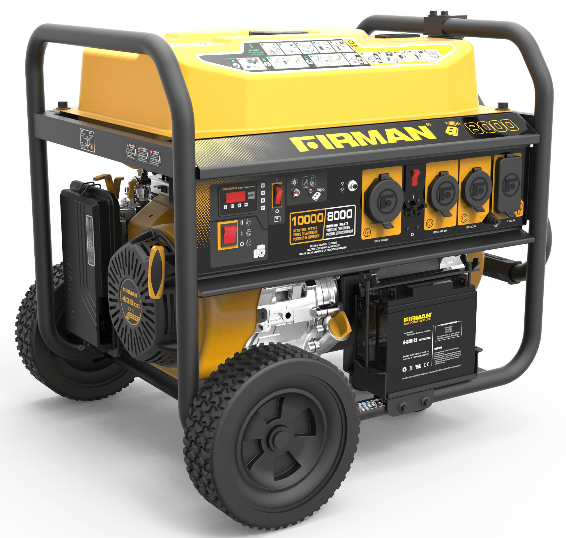 The FIRMAN P08004 generator features 10000 starting Watts and 8000 running  watts. Power is supplied by our Max Pro Series 439cc FIRMAN engine which  runs ...