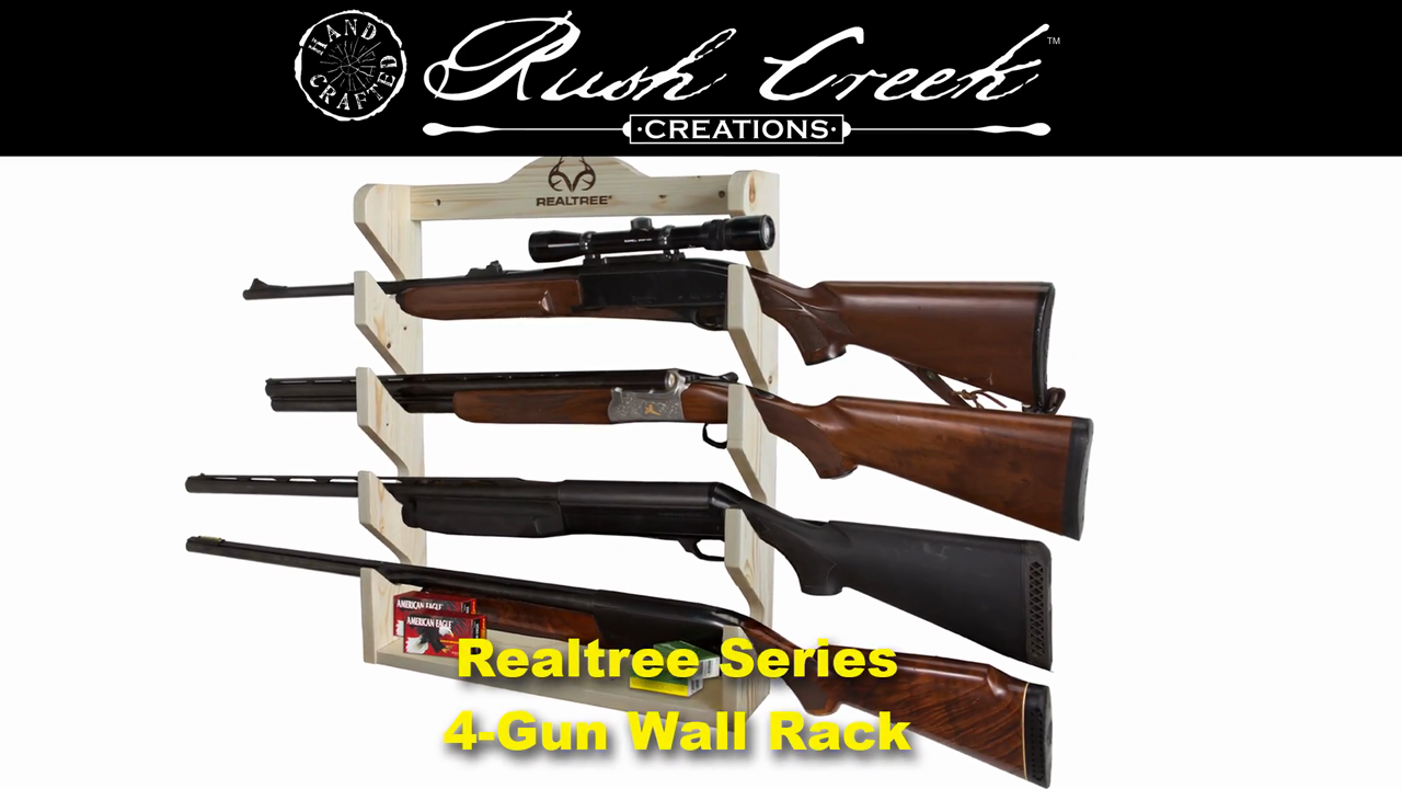 thumbnail video image 2 of Rush Creek Creations Realtree Solid Pine 4 Gun Wall Rack with Hidden Hardware - Handcrafted - Durable, 2 of 8