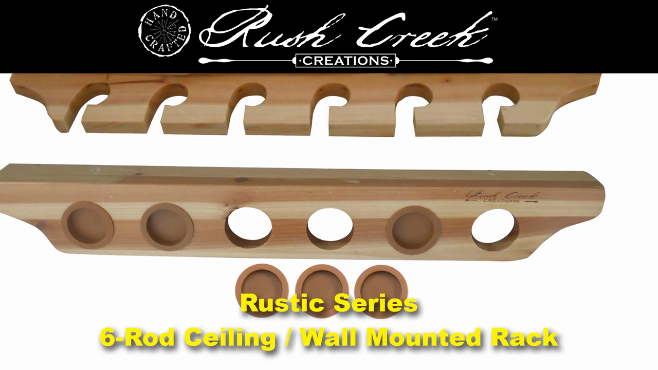 thumbnail video image 2 of Rush Creek Creations Fishing Rod Wall and Ceiling Rack 6 Rod Capacity-Vertical/Horizontal Mount, 2 of 9