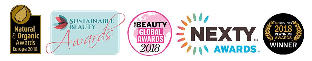 Natural&Organic Awards Europe 2018, Sustainable Beauty Awards, Beauty Global Awards 2018, Nexty Awards, 2018 Platinum Awards Winner. *Images of logos*