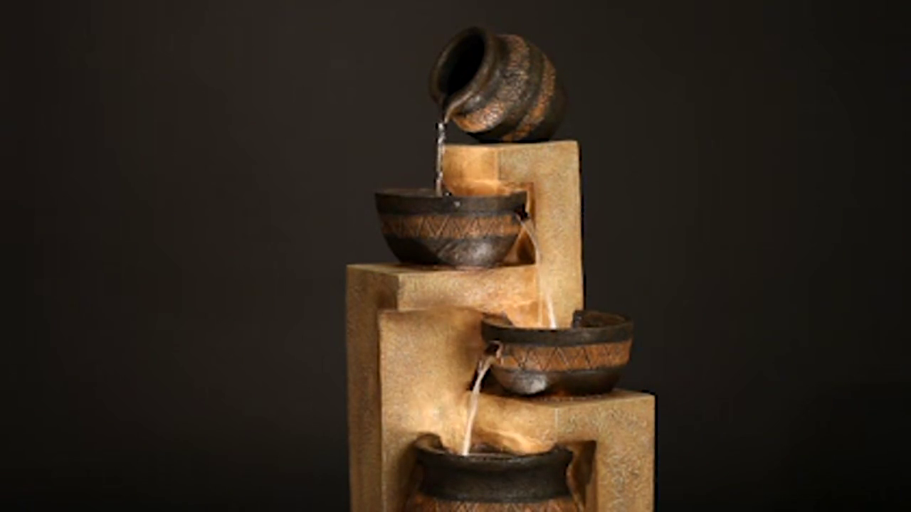 thumbnail video image 2 of Cascading Bowl and Jug 46" High Large Rustic Indoor Outdoor Decor Faux Stone Floor Fountain with Light LED, 2 of 10