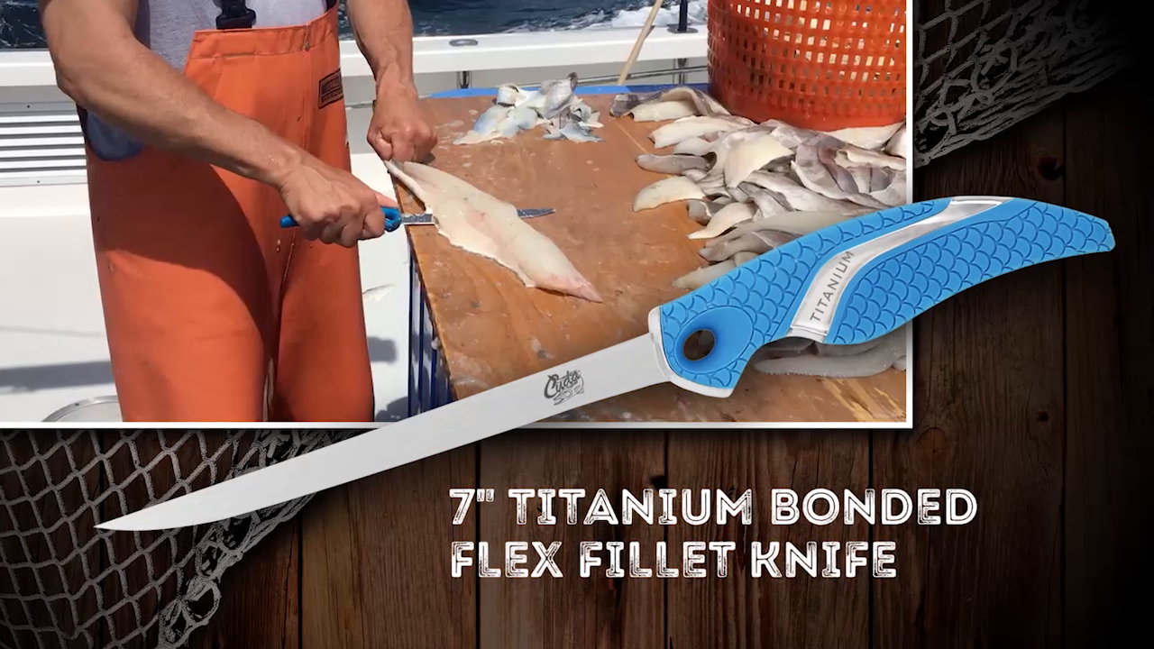 thumbnail video image 2 of Cuda Flex Fillet Knife, 7", Titanium Bonded with Sheath, for Freshwater Fishing, Blue, 1-Count, 2 of 9