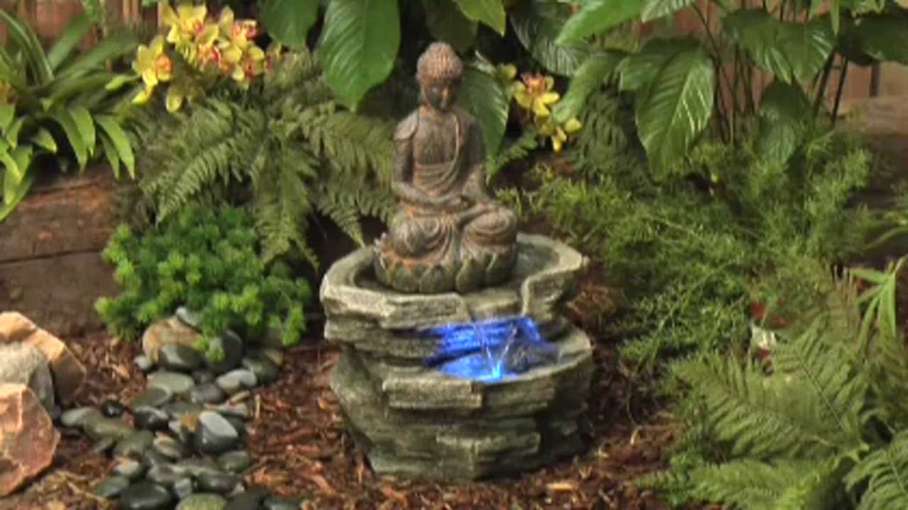 thumbnail video image 2 of Sitting Buddha 21" High Large Zen Asian Indoor Outdoor Decor Faux Stone Floor Fountain with Light LED Waterfall, 2 of 8