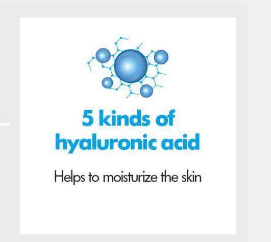 5 kinds of hyaluronic acid. Helps to moisturize the skin