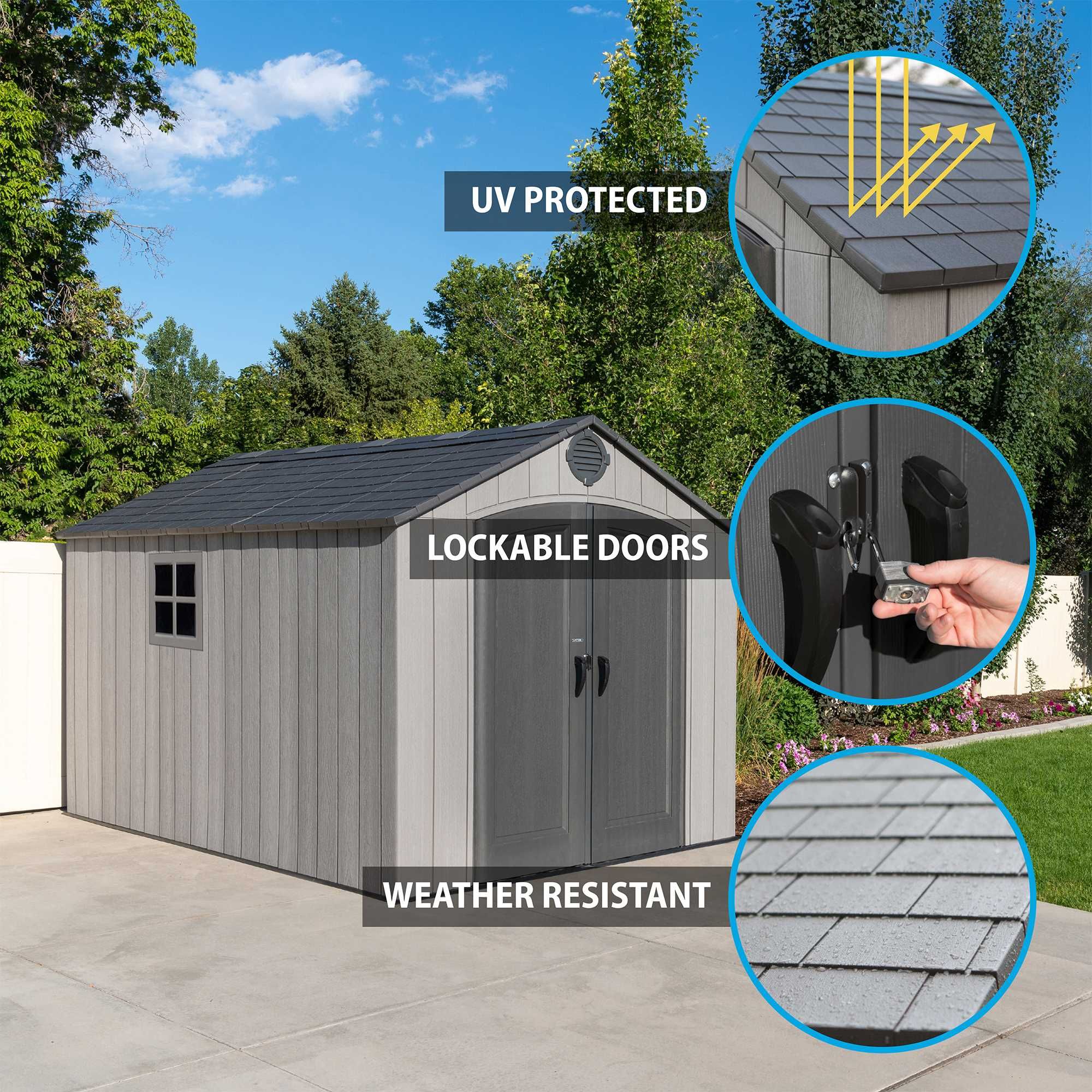 Lifetime Products 8 X 12 5 Resin Outdoor Storage Shed Picture Of Shed Outside Showing Features Uv Protected With Close Up A Roof