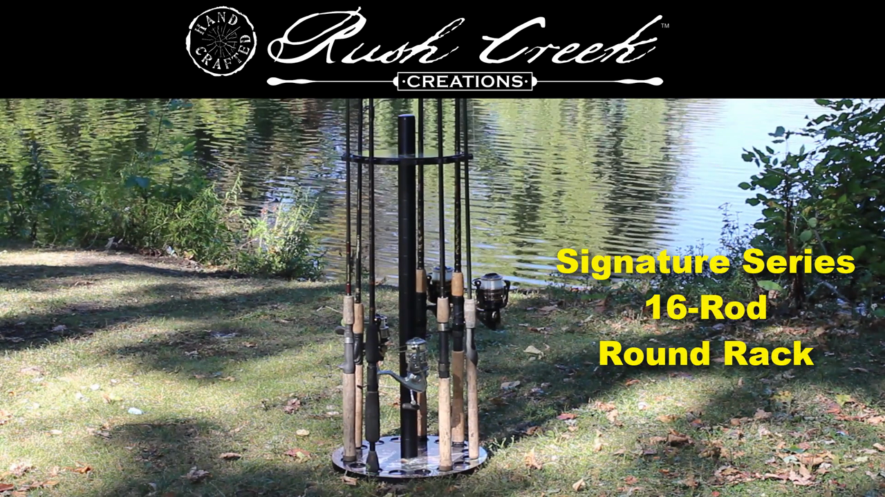 thumbnail video image 2 of Rush Creek Creations Bass 16 Fishing Rod Round Storage Rack, 2 of 7