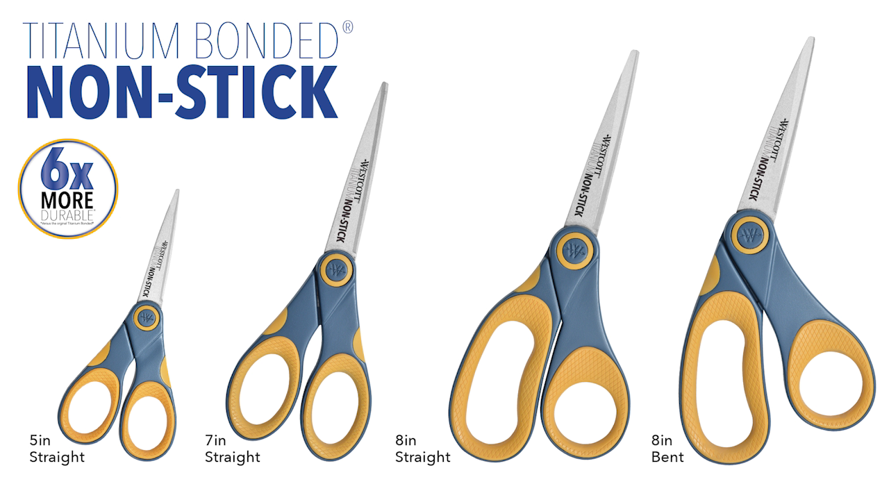 thumbnail video image 2 of Westcott 8-Inch Titanium Non-Stick Straight Scissors, Yellow, 3-Pack, 2 of 9