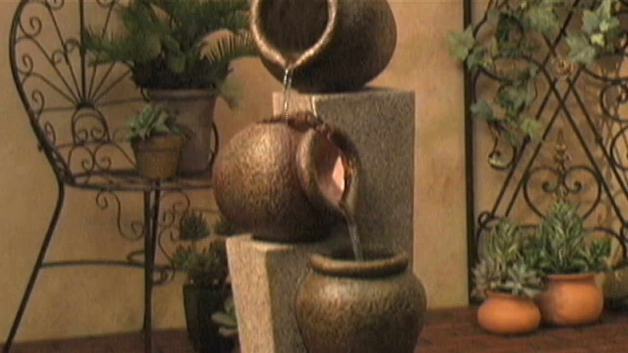 thumbnail video image 2 of Three Jug and Pillar 35 1/2" High Large Rustic Indoor Outdoor Decor Faux Stone Floor Fountain Cascade Flow, 2 of 6