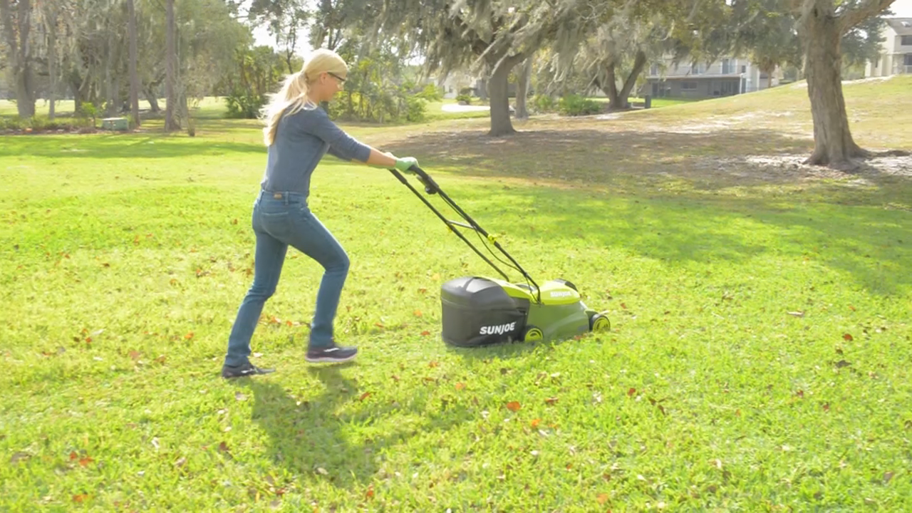 thumbnail video image 2 of Sun Joe 28V Cordless 14" Brushless Push Lawn Mower, Adjustable Cutting Height, 5.0-Ah, 2 of 15