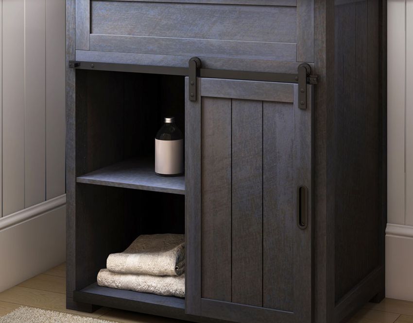 Style Selections Morriston 30 In Distressed Java Single Sink Barn Style Sliding Cabinet Door Allows Access To Vanity Interior