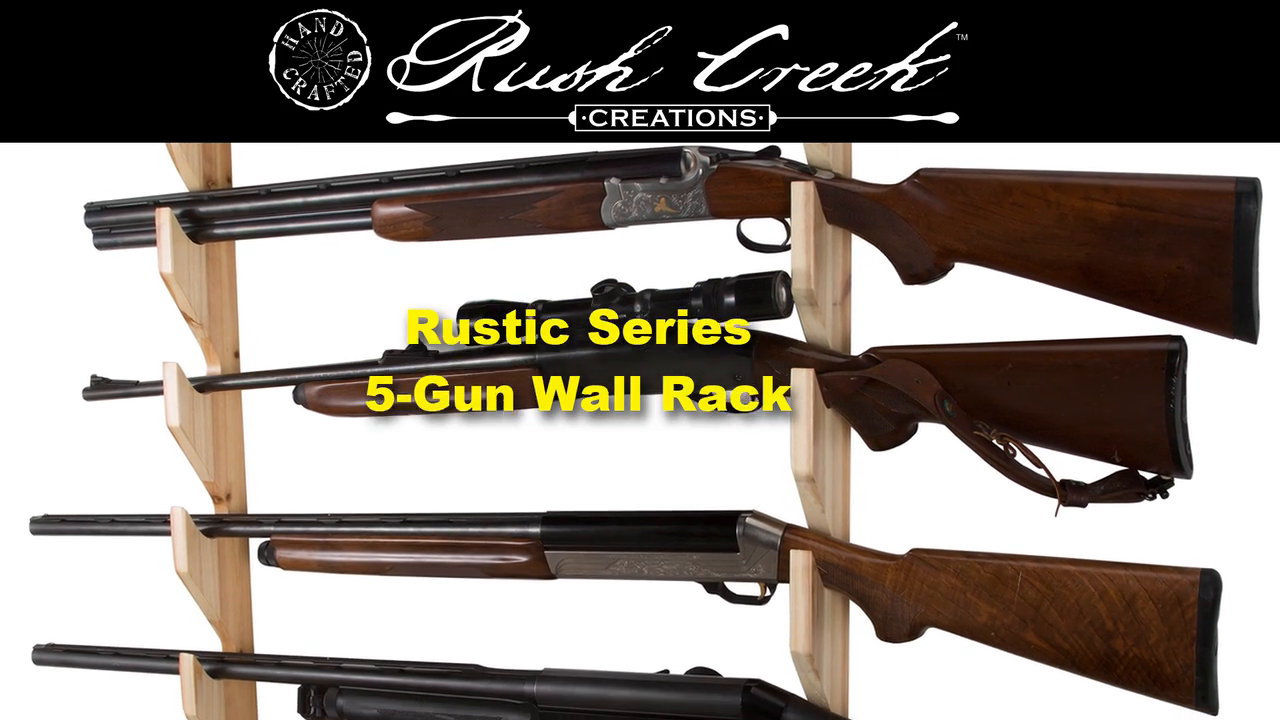 thumbnail video image 2 of Rush Creek Creations Indoor 5 Rifle or Shotgun Pine Wall Storage Display Rack, 2 of 8