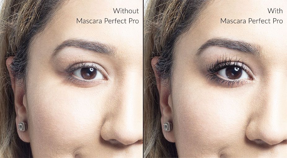 A comparison of a woman's eyelashes before and after applying Mascara Perfect Pro