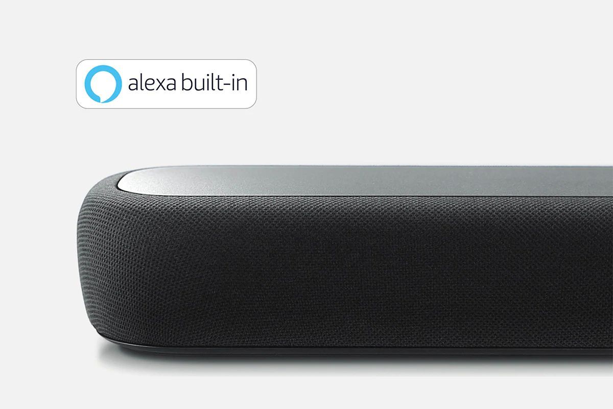 Close-up of sound bar with Alexa Built-in logo