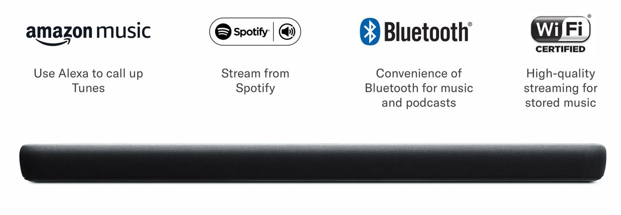 Sound bar with Amazon Music, Spotify Connect, Bluetooth and Wi-Fi logos