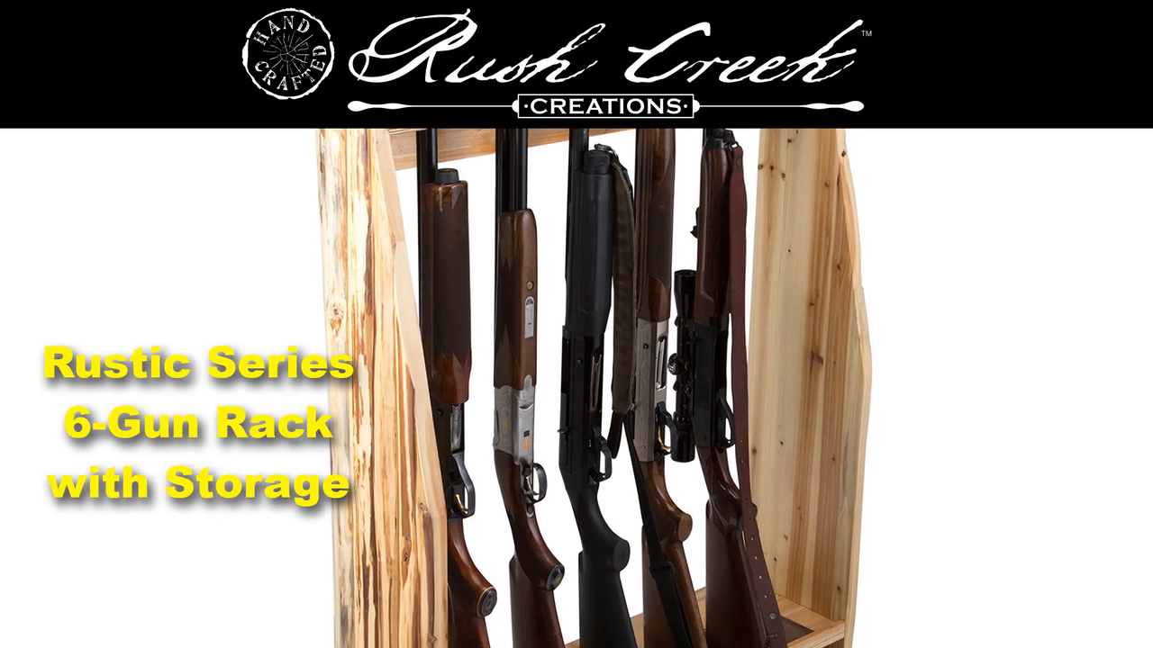 thumbnail video image 2 of Rush Creek Creations Rustic Pine 6-Gun Floor Rack w/Storage, 2 of 8