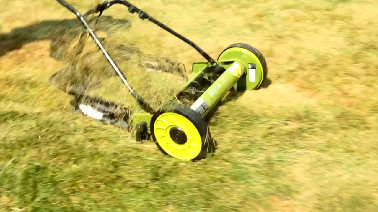 thumbnail video image 2 of Sun Joe 16" Manual Reel Mower with Grass Catcher and Adjustable Cutting Height, MJ500M, 2 of 8