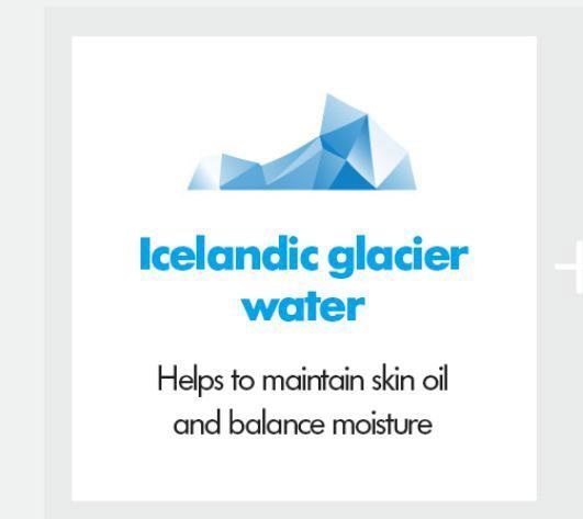 Icelandic glacier water. Helps to maintain and balance moisture