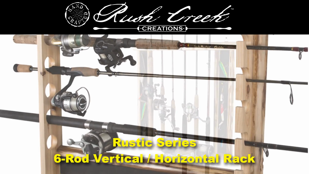 thumbnail video image 2 of Rush Creek Creations 4 Piece Rustic Pine 6 Rod/Pole Wall Rack w/Lure Display, 2 of 8